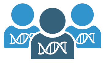 Three stylised figures wearing DNA-helix motifs, representing inherited genetic variation.